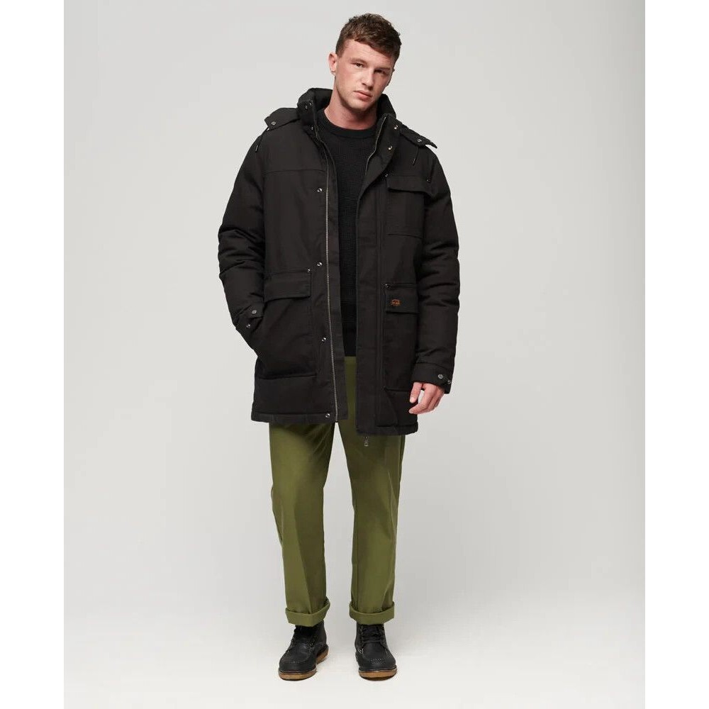Superdry Workwear Parka Jacket Coat Hooded Lined Black Mens Winter Chore Sz XL
